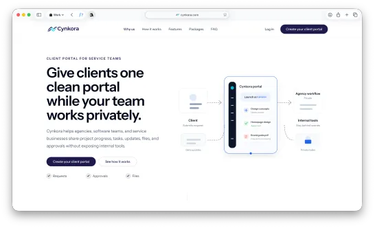 Cynkora client portal and agency site